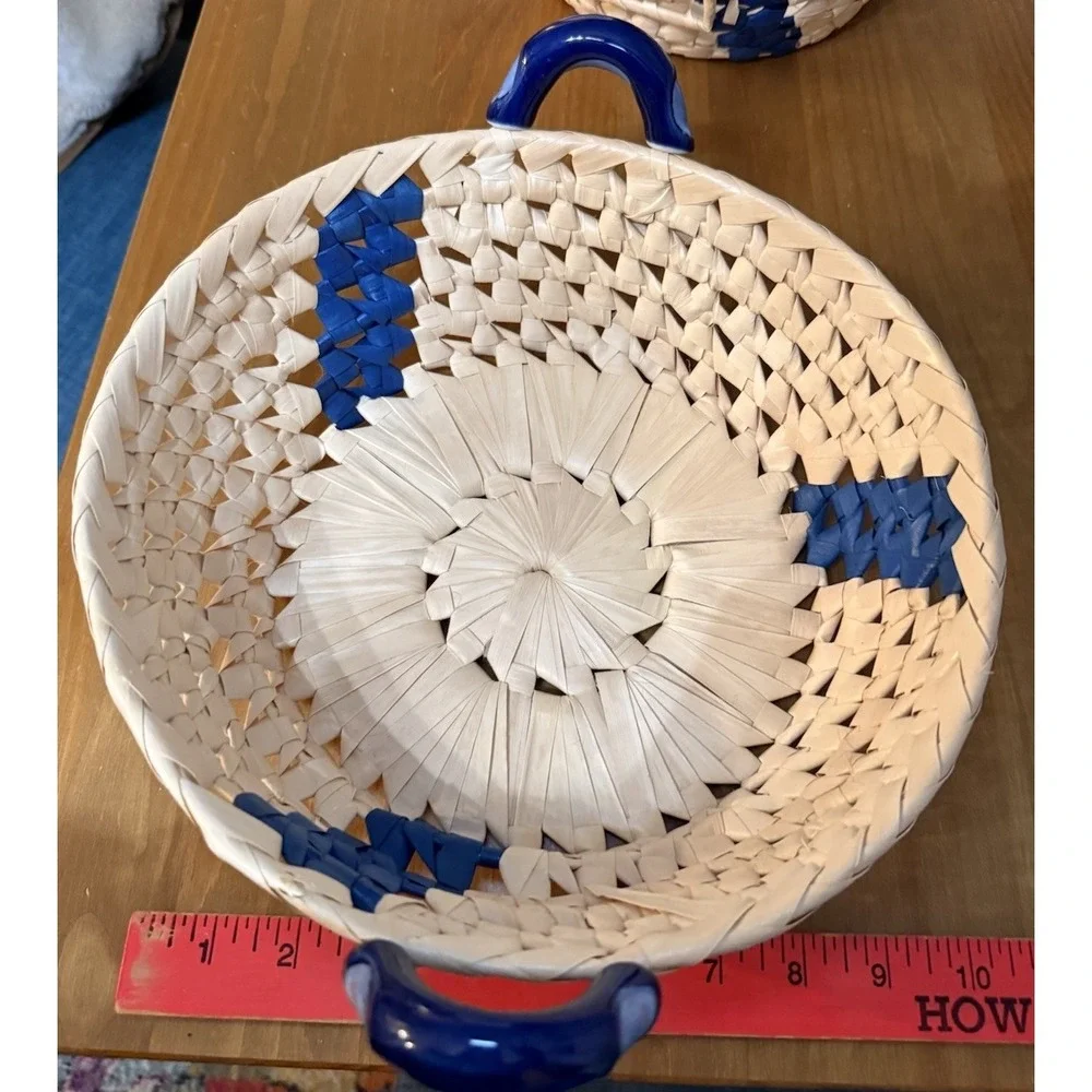 Vintage Wicker Bread Baskets Set of 2 Blue Ceramic Handles